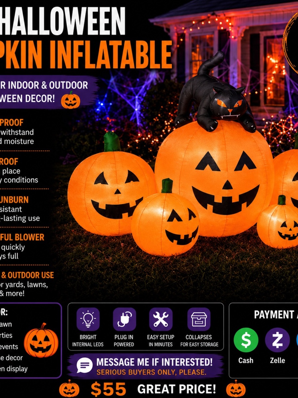 7ft Halloween Inflatable Pumpkin Decoration with Black Cat - Orange